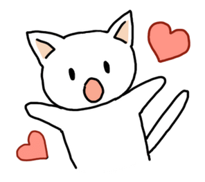 digital illustration of a white cat with black borders. Its paws raised and its mouth open, and there are two hearts on its side